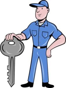 Illustration of a locksmith standing front view with key isolated on white background done in cartoon style
